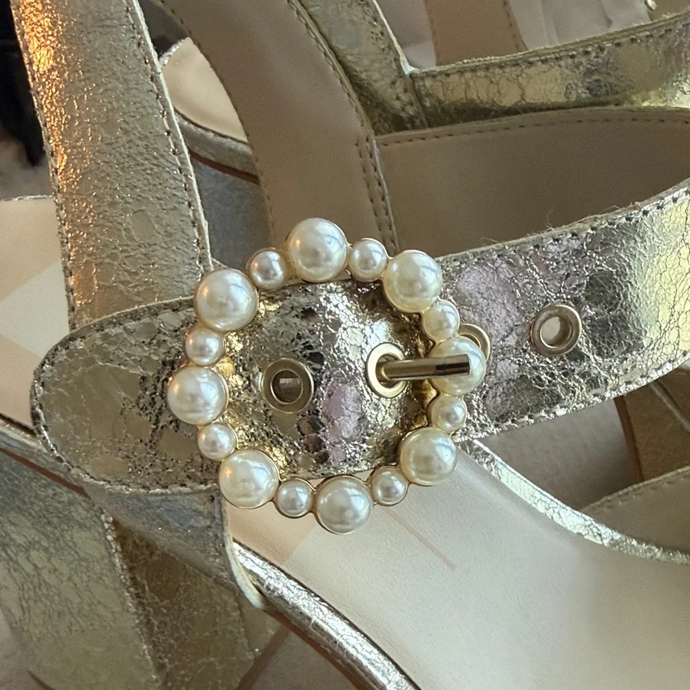 Dolce Vita Metallic Gold Pearl-Embellished Platform Sandals
